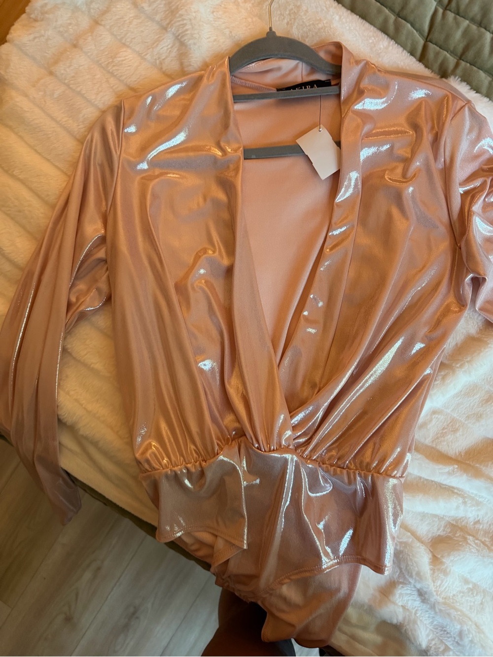 Metallic Rose Wrap-Front Long-Sleeve Bodysuit